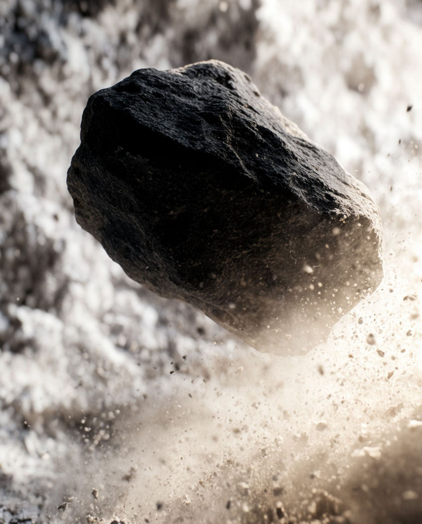 A single dark stone caught mid-drop against a pale field of dust, motion streaking the air behind it
