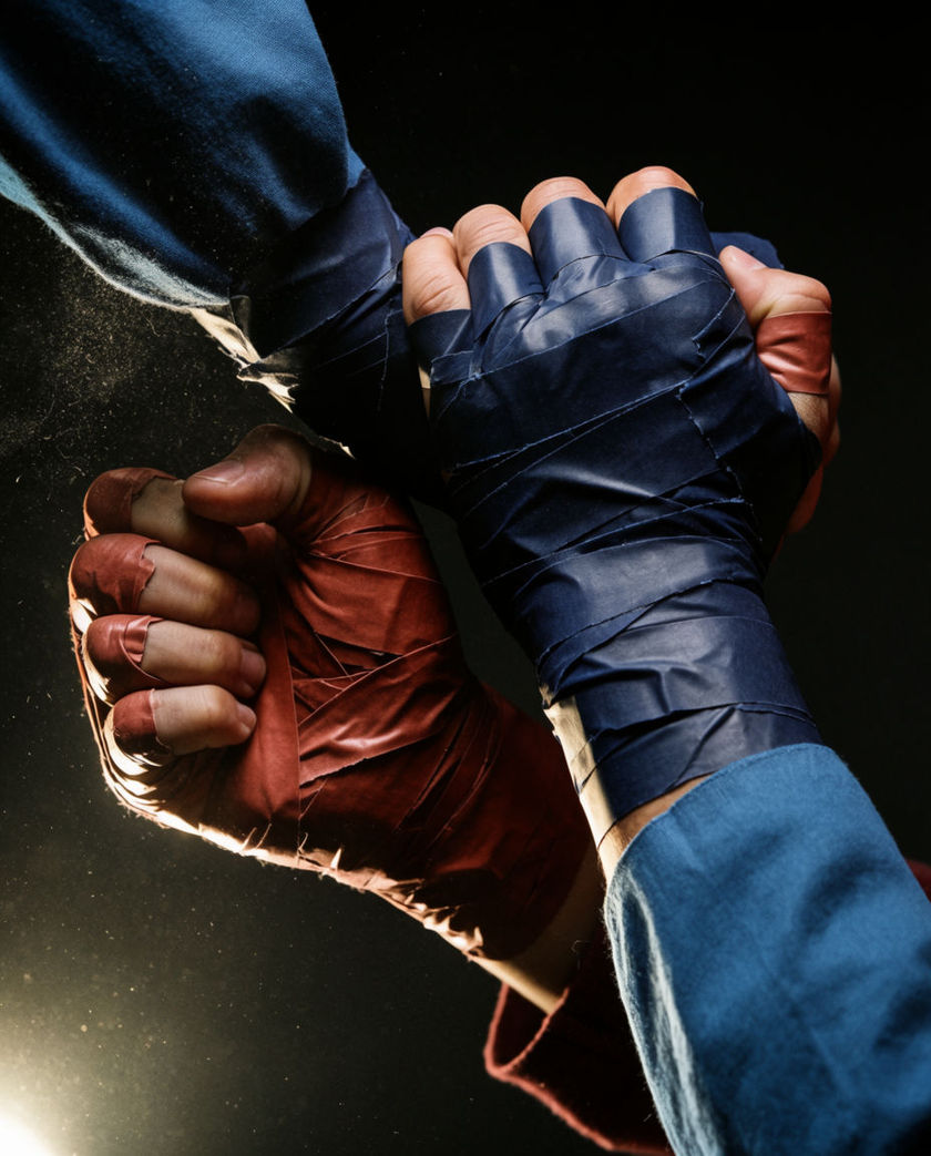 Two sets of taped hands locked together mid-struggle, dust lifting off dark cloth in hard side light