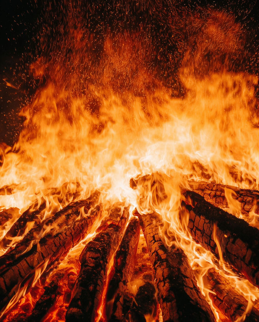 Burning logs filling the frame edge to edge, orange embers lifting into the dark above the flame front