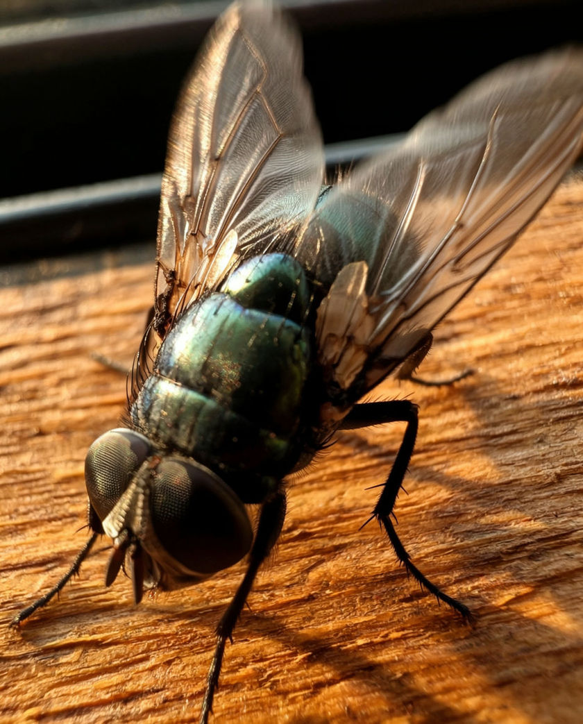 A housefly on a sunlit windowsill, wings blurred mid-beat against a dark interior