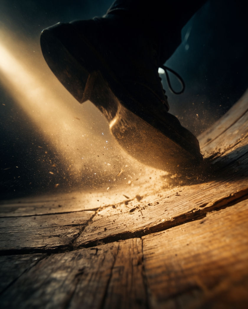 A leather shoe pressing into a worn wooden board, dust in one low shaft of light