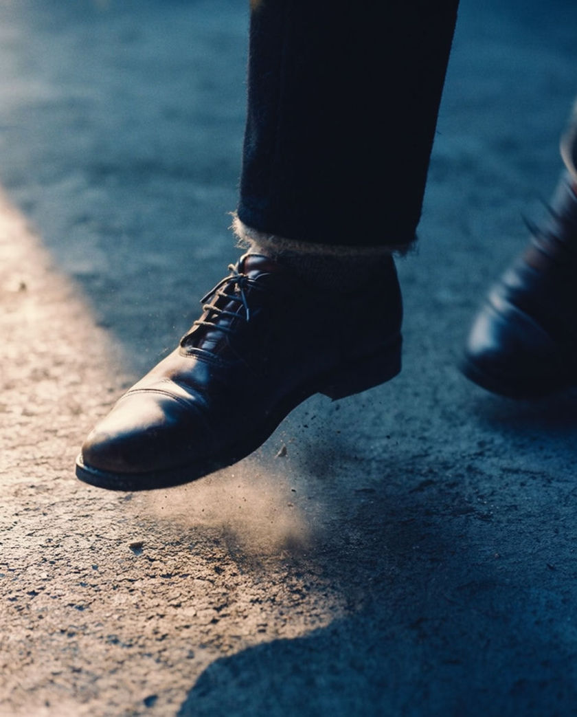 A polished leather shoe caught mid-stride an inch above a scuffed hard floor, dust lifting where the heel is about to land