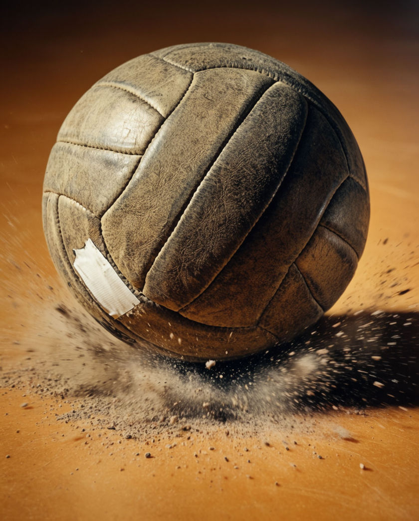 A worn leather ball caught at the instant of impact against a hardwood surface, dust and grit thrown outward around it in a hard raking light