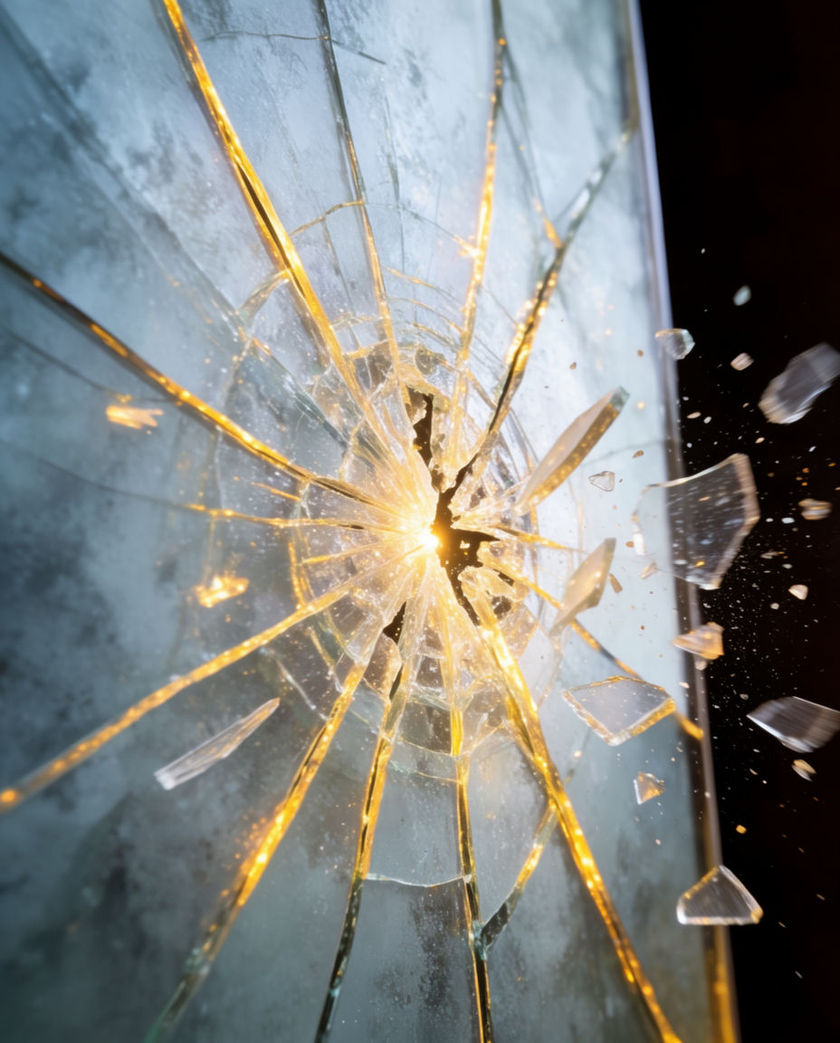 A pane caught at the instant of failure, fracture lines racing outward from a bright point with shards suspended in the air around it