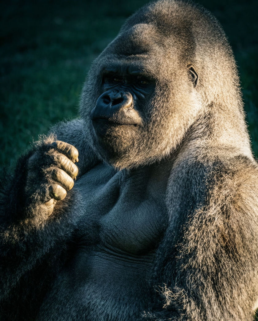 A silverback gorilla in close three-quarter view with one hand lifted toward the chest, dense fur and knuckles sharp in the frame