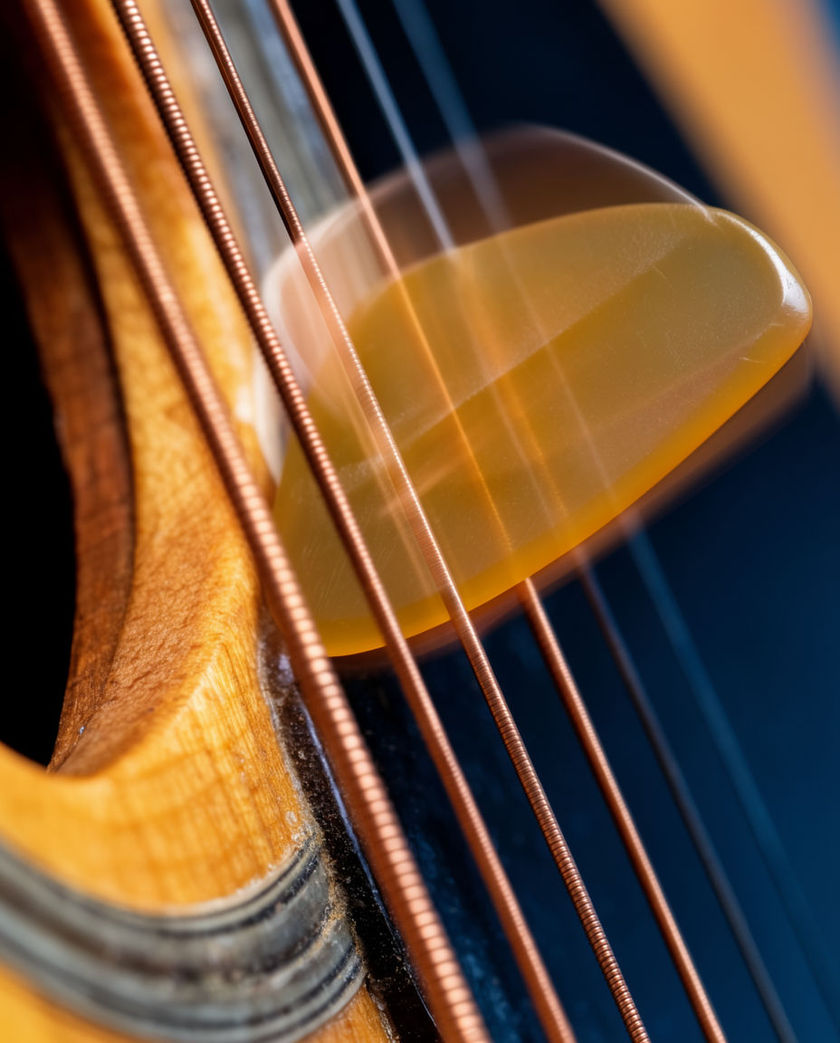 A plectrum caught mid-stroke across six steel strings, the strings blurred by vibration and warm light glancing off the soundhole edge