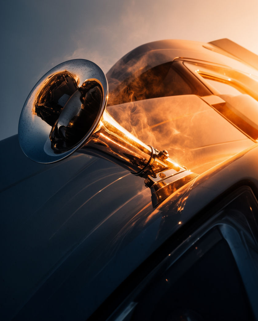 A chrome truck horn on a cab roof caught in low sun, the rest of the vehicle dropping into shadow