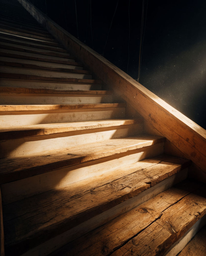 Bare wooden stair treads receding upward into black, one hard shaft of light across the middle step
