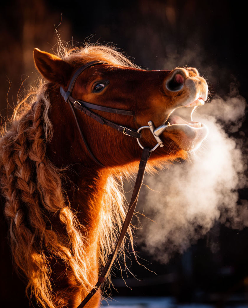 A chestnut horse head filling the frame with its mouth open mid-call, nostrils flared and mane thrown across the crop