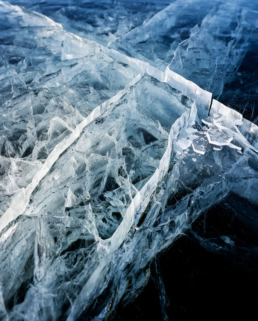 Fractured clear ice filling the frame, hairline cracks running through it and catching a hard raking light