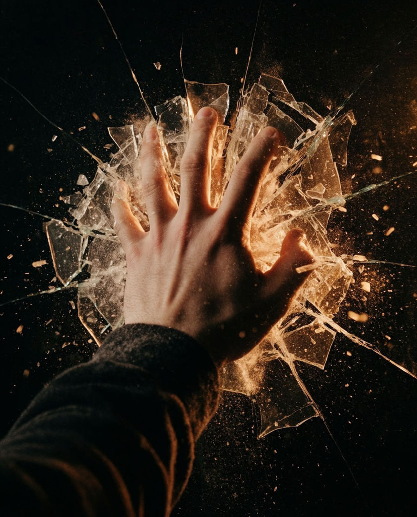 A pale hand striking a sheet of dark glass from behind, the impact throwing splinters and dust outward across the whole frame