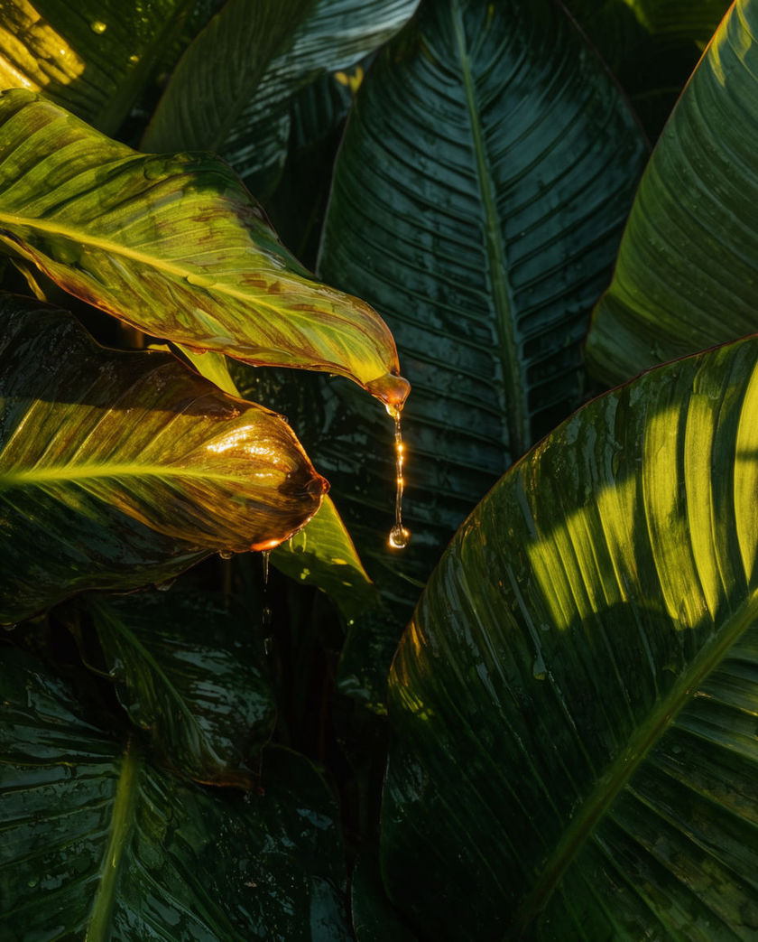 A 4:5 frame packed with wet broad leaves, one shaft of light cutting through and catching water running off a leaf edge