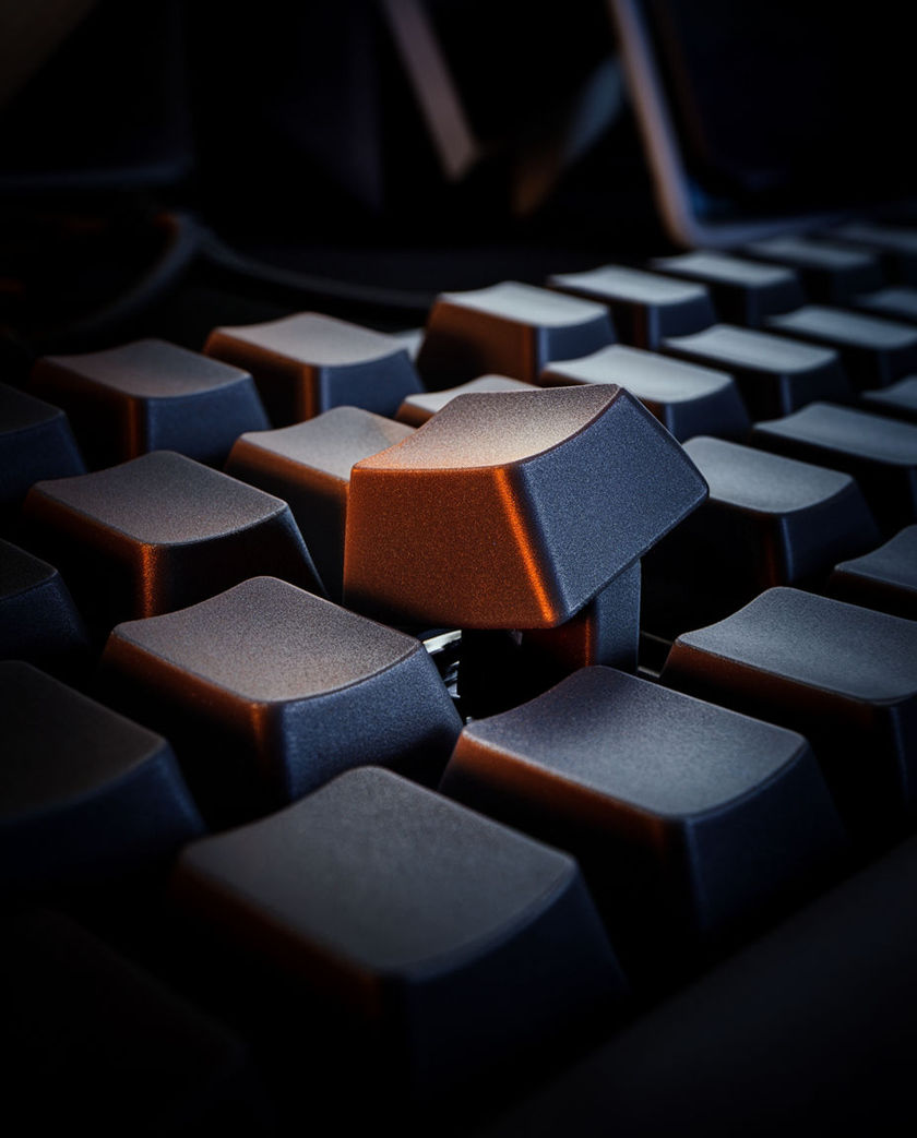 A single dark keycap pressed halfway down among its neighbours, one hard edge of light along its lip