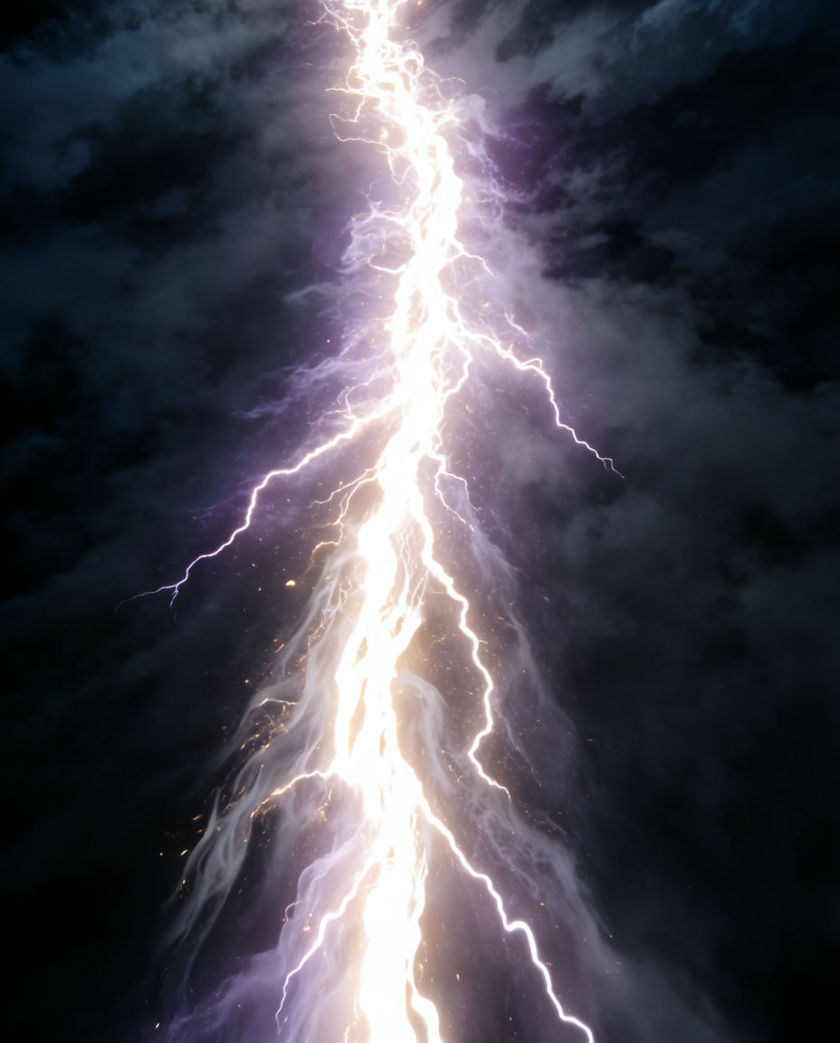 A branching white discharge tearing down through heavy cloud, the air around it glowing violet where it splits