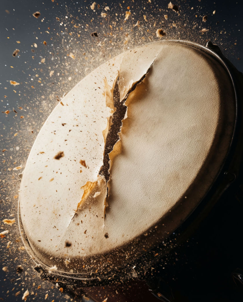 A taut drum skin caught at the instant it splits, dust and fragments thrown outward across the frame