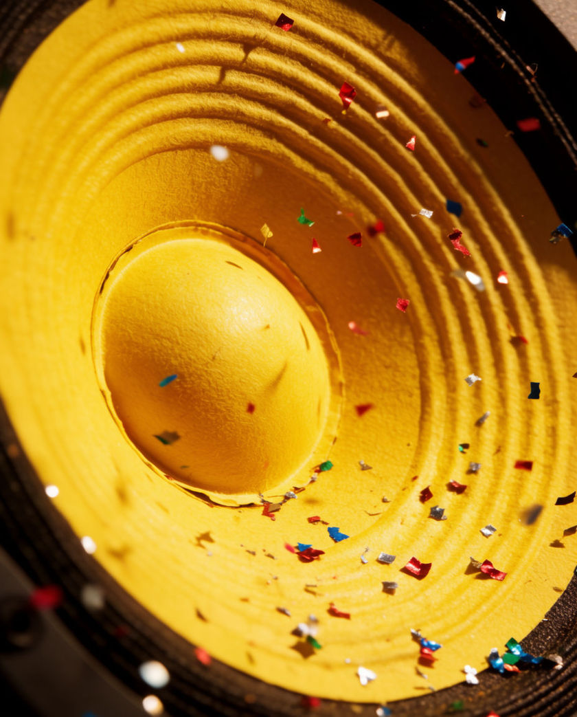 A bright yellow speaker cone shot straight on with paper confetti frozen mid-blast across the frame