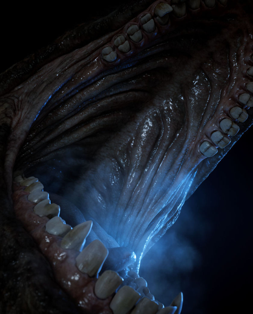 A wet ridged throat and rows of uneven teeth filling the frame, lit from below in cold blue