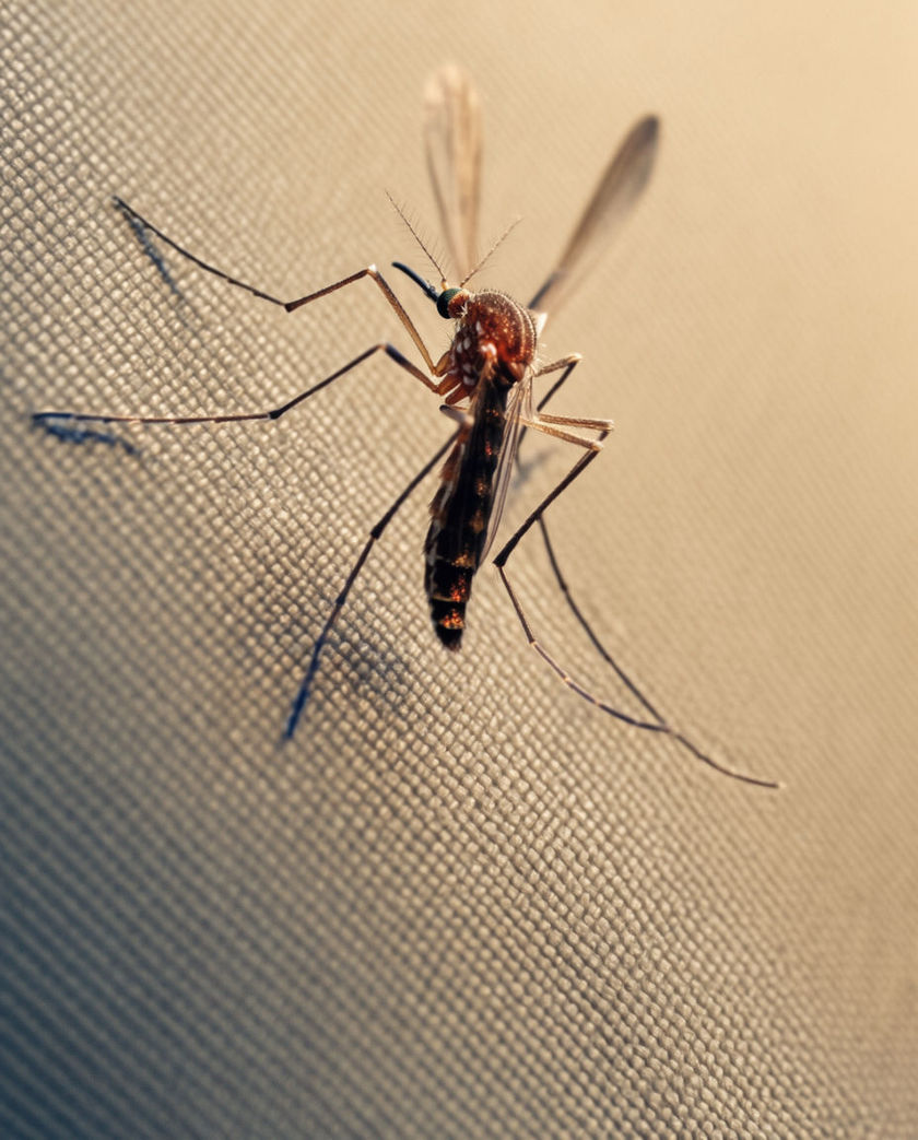 A single mosquito filling the frame on taut skin, legs braced and wings blurred into a haze.