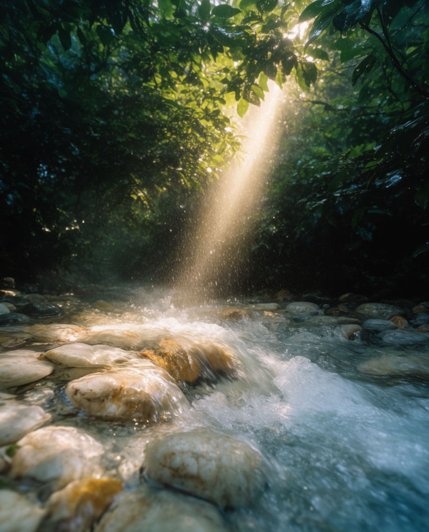 Sunlight breaking through a dense green canopy onto fast water running over pale stones
