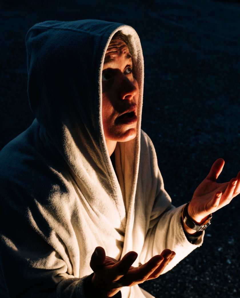 A face caught wide-eyed mid-gasp in hard raking light, hands lifting into the bottom of the frame