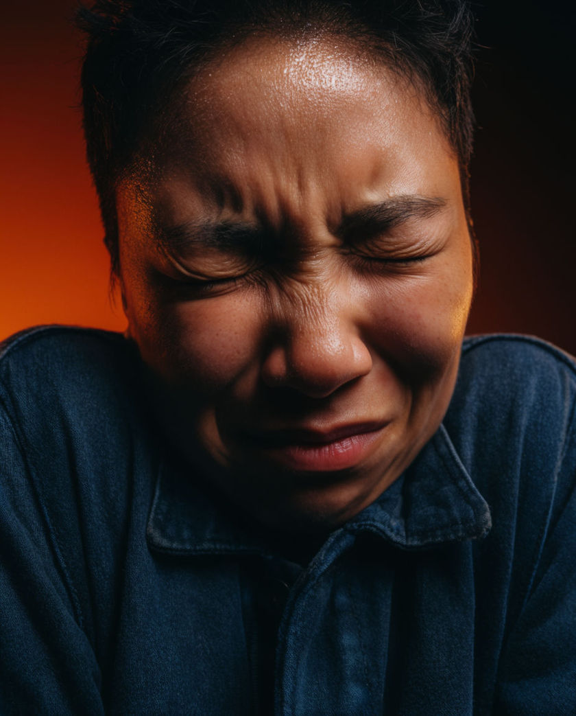 A face caught mid-wince in hard side light, shoulders dropping, the background falling away to black
