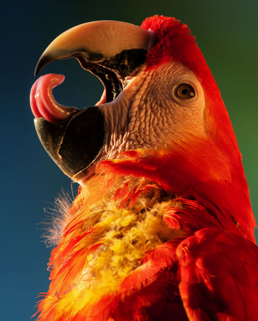 A scarlet macaw filling the frame in profile, beak open mid-call, feather detail sharp against deep shadow