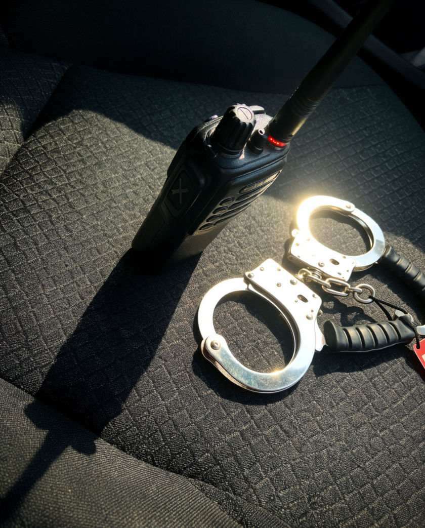 A handheld radio and a pair of steel handcuffs on a dark vehicle seat, hard light raking across the metal