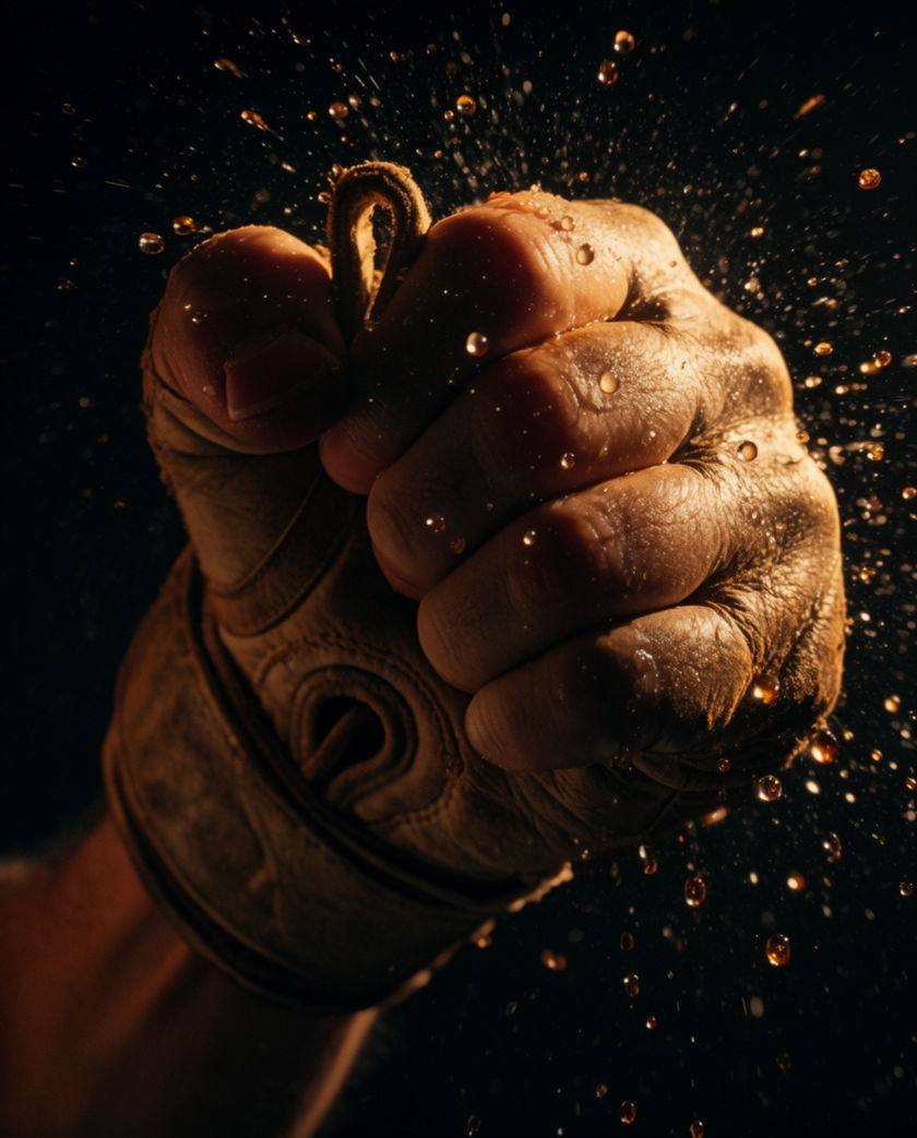 A gloved fist at the instant of contact, sweat thrown off it, one hard light and deep shadow behind