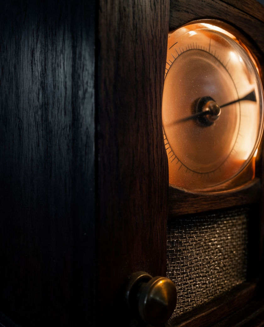 A close view of an old receiver dial glowing amber behind glass, the pointer mid-travel across printed frequency numbers, brass knob catching the light.
