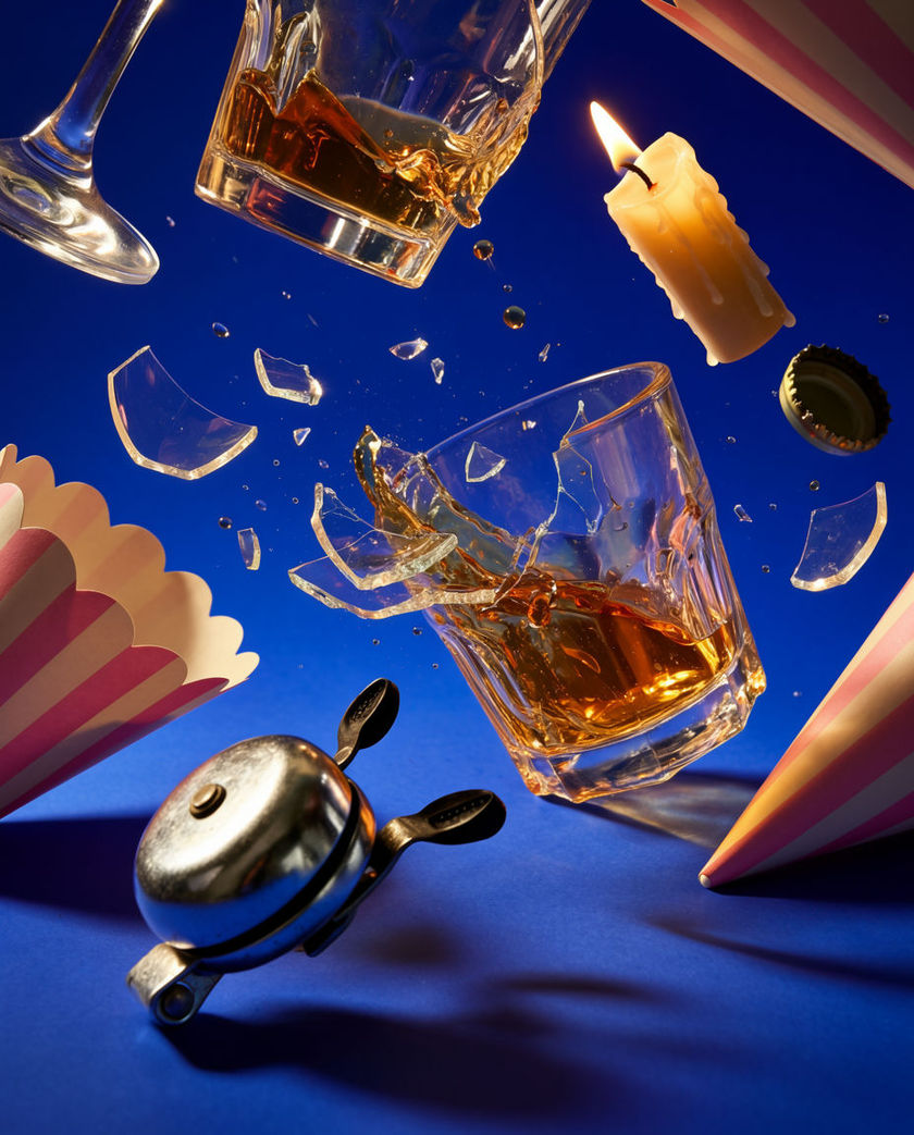 A jumble of unrelated objects mid-air against a bold flat colour, a party blowout, a bicycle bell and a shattering glass caught in the same frame