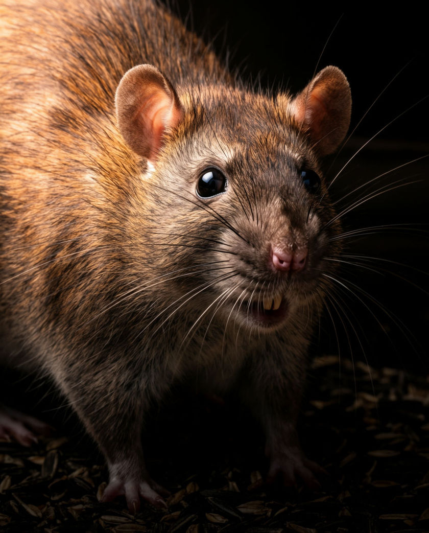 A single brown rat filling the frame on dark scattered grain, whiskers pushed forward and incisors just visible.