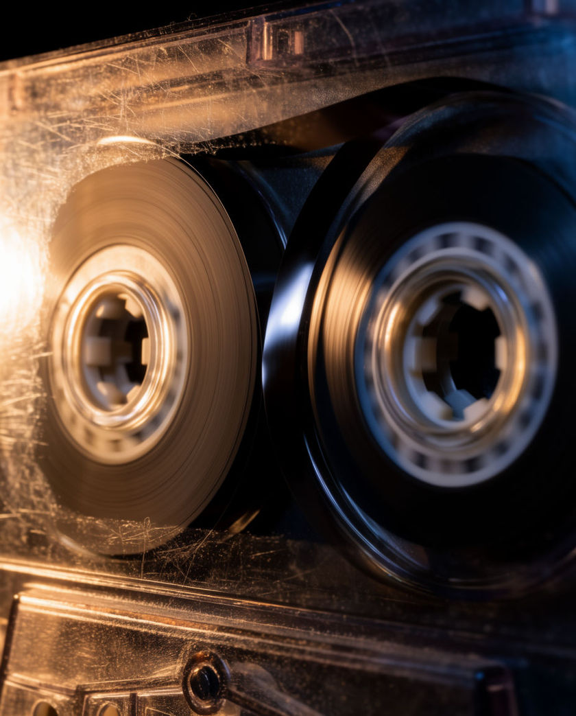 Two cassette reels caught mid-spin behind a scratched plastic window, tape blurred into a single moving band
