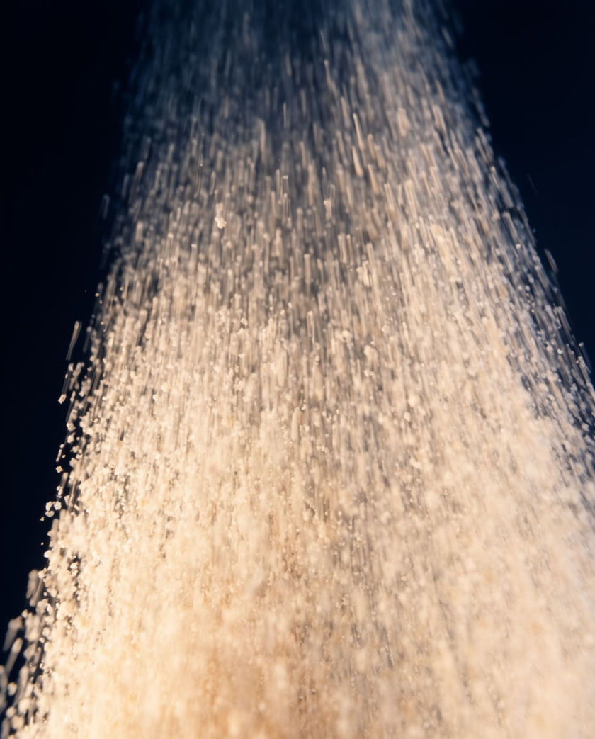 A dense column of pale particles accelerating upward through darkness, streaking longer and thinner toward the top of the frame
