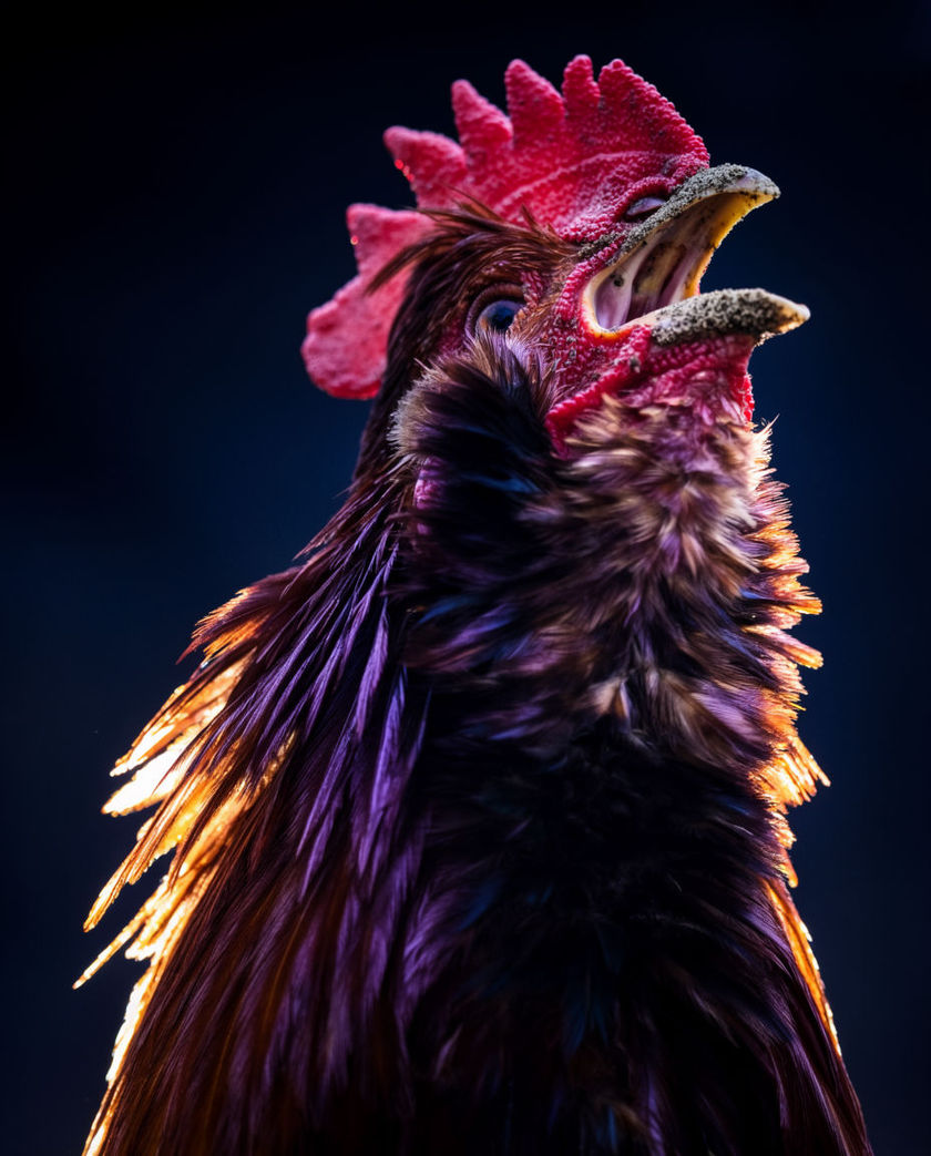 A red-combed rooster in profile filling the frame, beak wide mid-crow, throat feathers flared