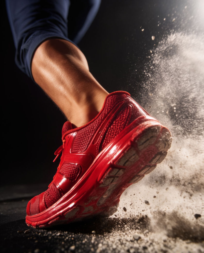 A running shoe slamming down mid-sprint filling the frame, grit and dust kicked out behind the flexing sole