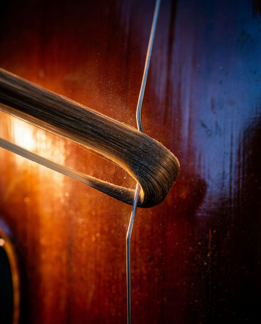 A bow pressed into a string on a varnished wooden body, rosin dust hanging in the light around the point of contact