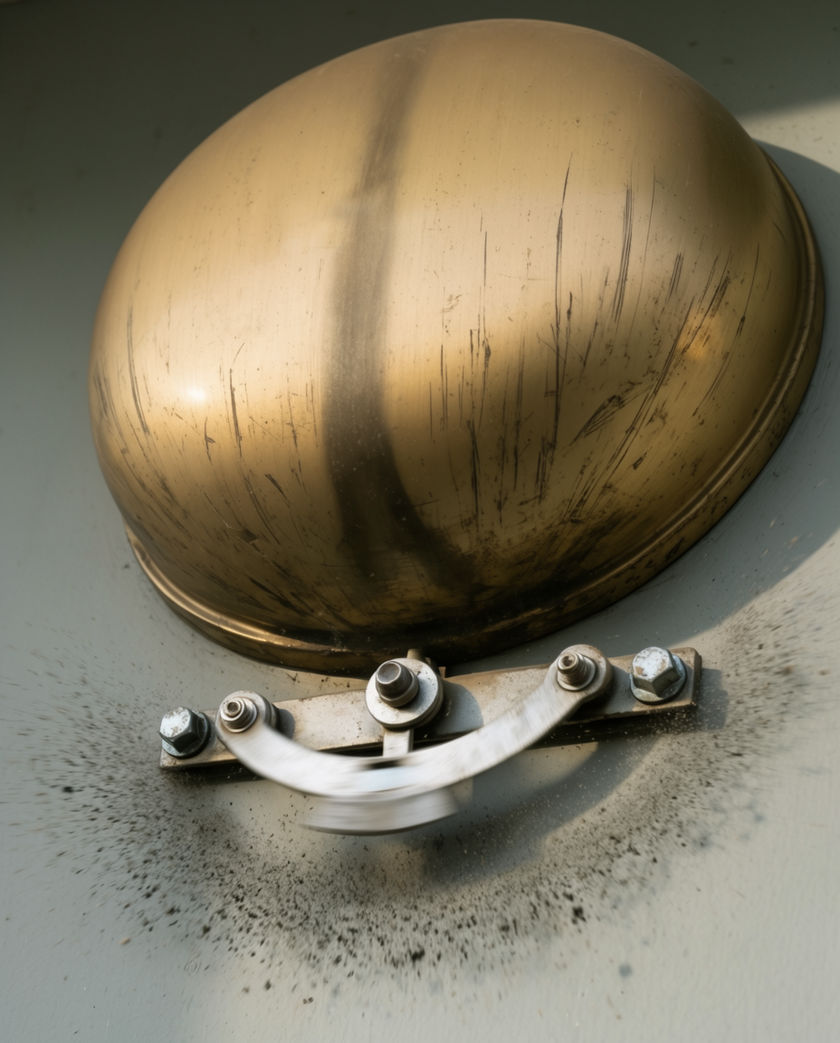 A brass alarm dome bolted to a painted wall, its striker blurred mid-beat under flat daylight