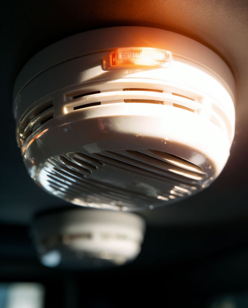 A white ceiling disc shot from below with hard light flaring off its vents, a second disc soft behind it