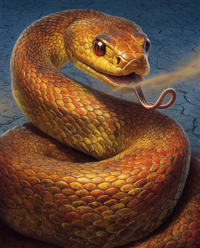 A coiled snake filling the frame on cracked dry earth, head raised and mouth just parted with the tongue out.