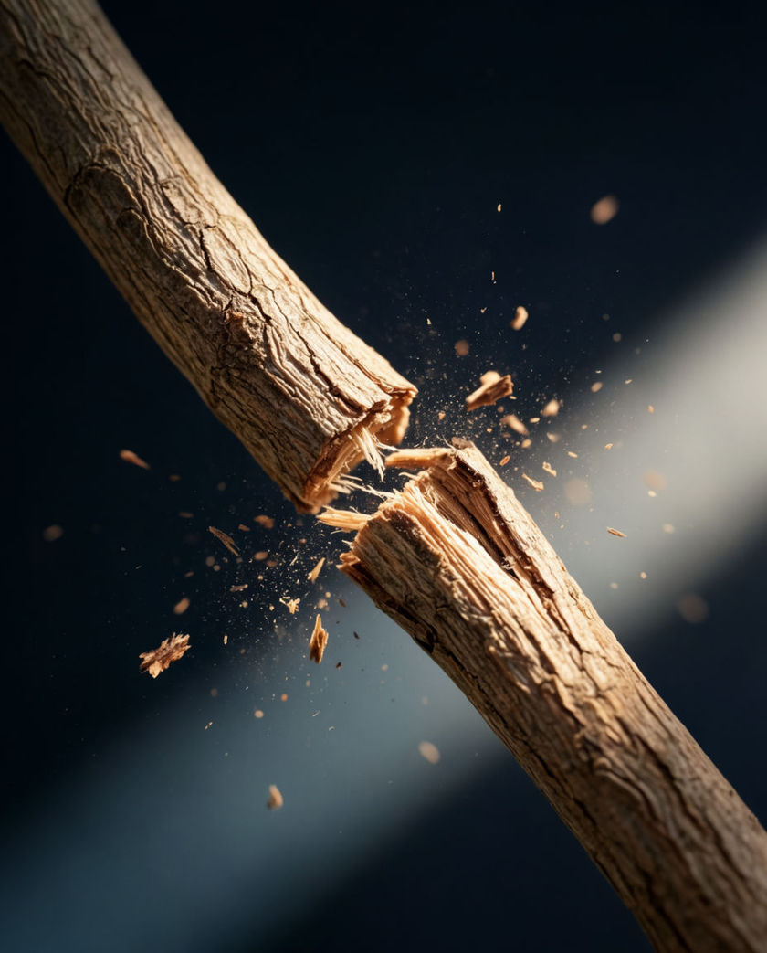 A dry twig splitting in two at the exact instant of the break, splinters lifting from the fracture