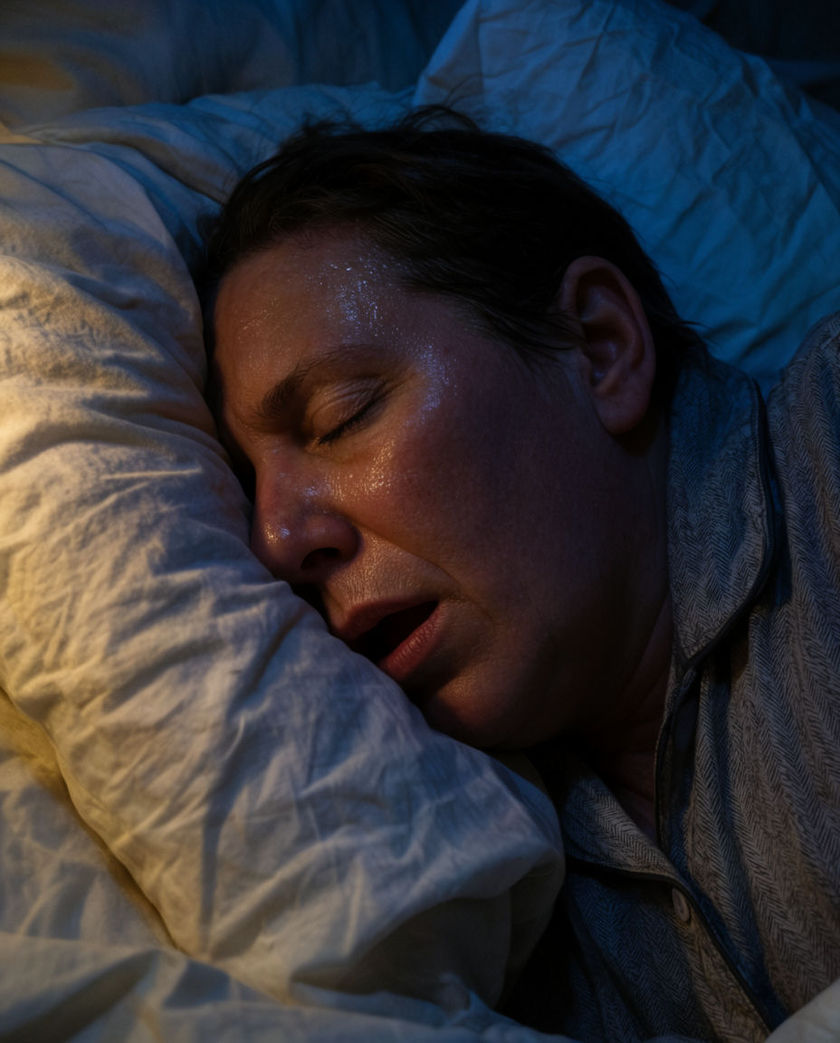 A sleeping face half buried in a crumpled pillow filling the frame, mouth slightly open, soft light raking across the bedding