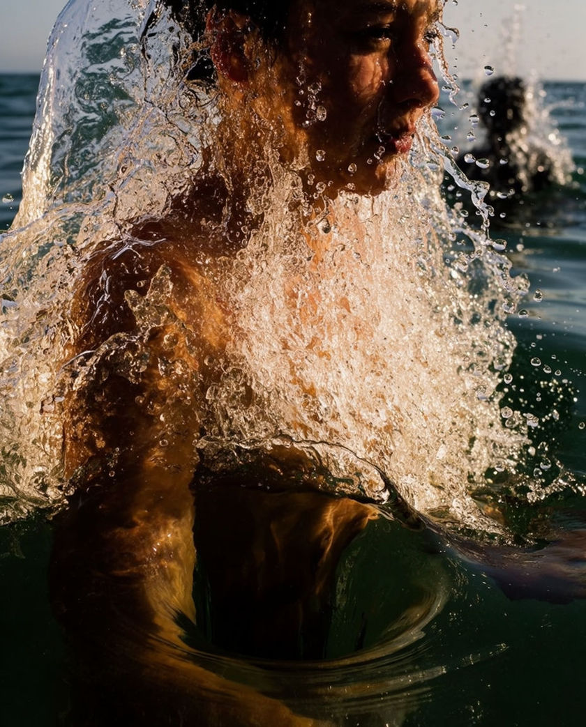 A crown of water thrown upward around a dark entry point, droplets caught sharp against deep green water