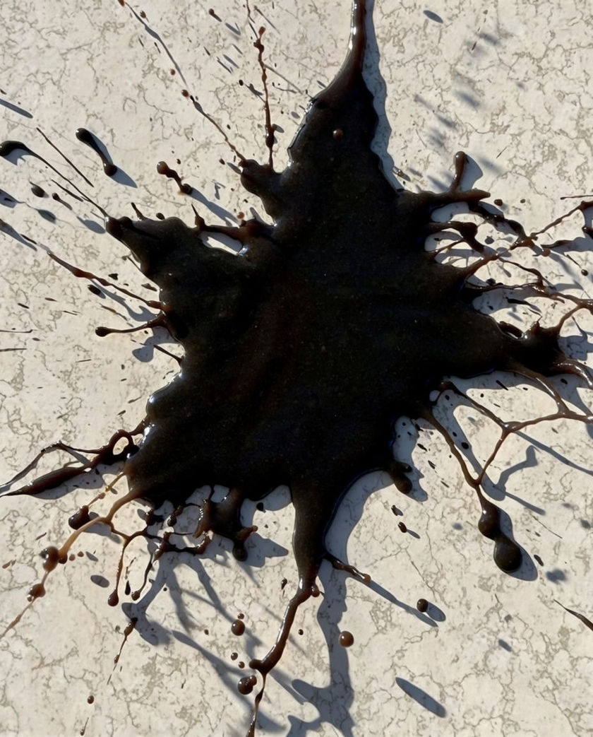 A burst of thick dark liquid frozen mid-spread across pale tile, droplets flung out on every side