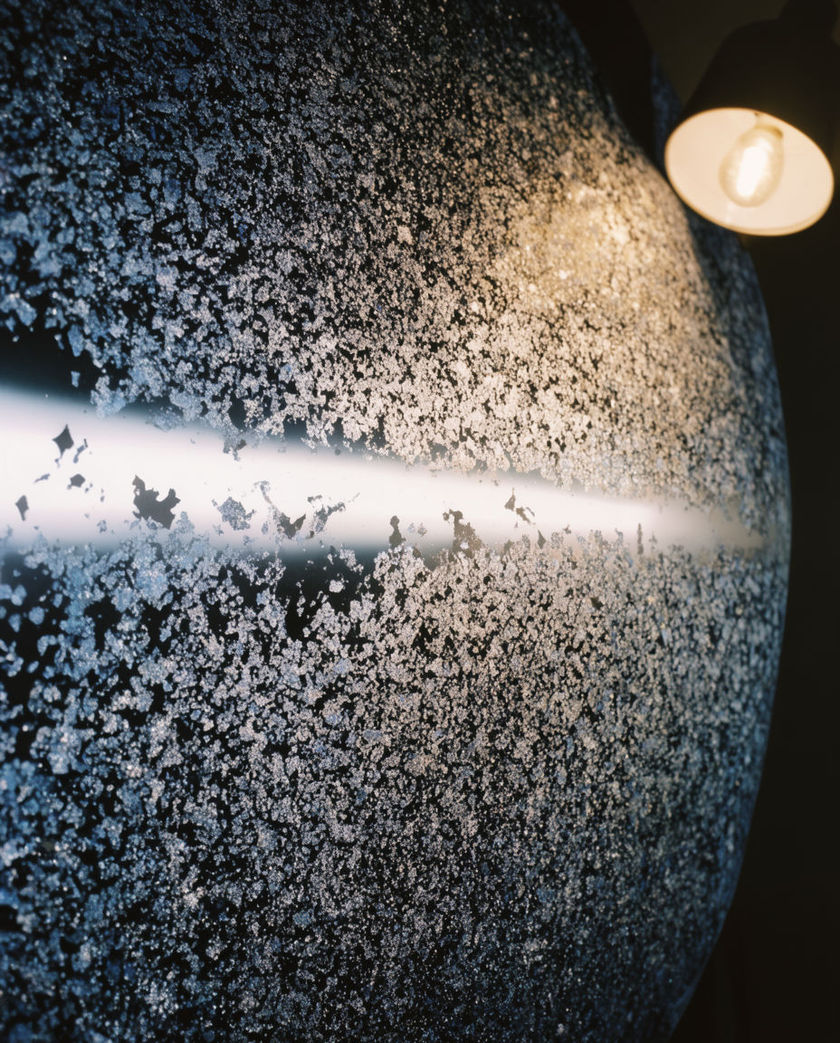 A dense field of silver and charcoal noise breaking apart across a dark surface, one hard bright band cutting through the middle