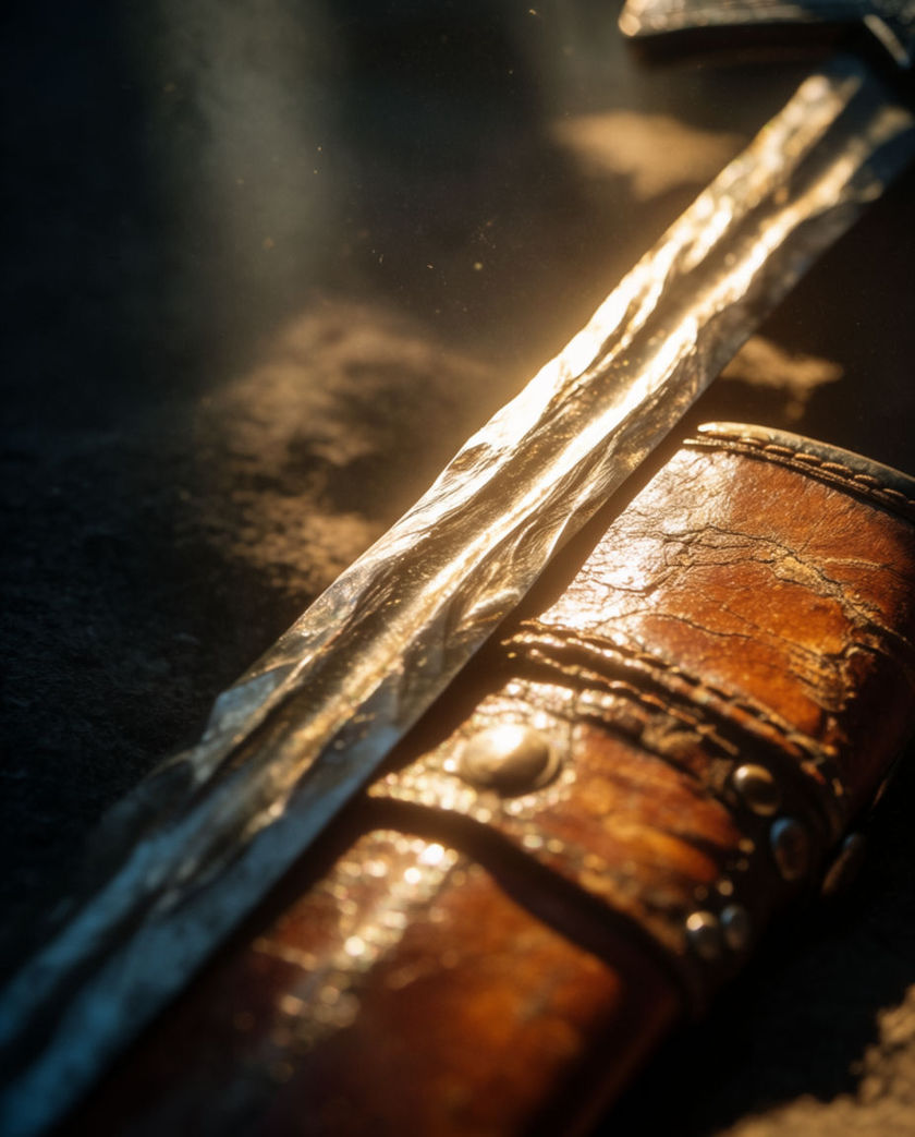 A long steel blade half out of a worn leather scabbard, raking light running the length of the edge