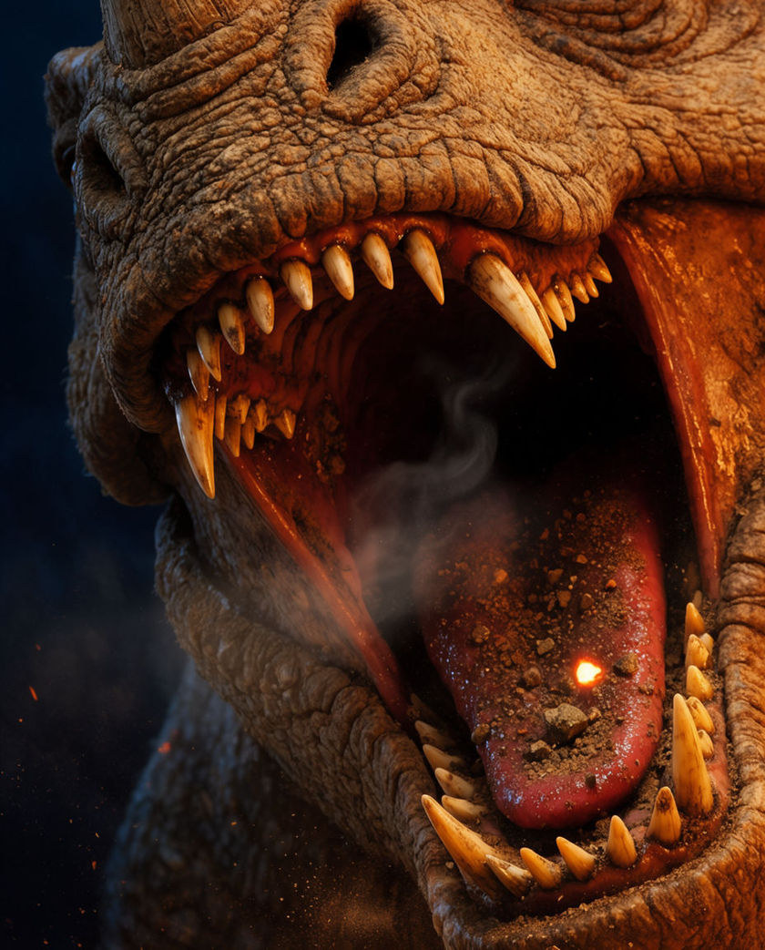 A vast reptilian jaw open mid-bellow, throat and teeth lit from below while dust lifts off the scales around it