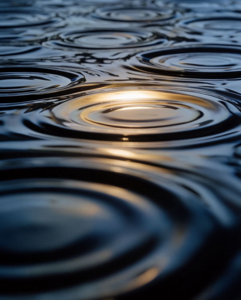 A close abstract of concentric ripples spreading across a dark glassy surface, one bright highlight riding the leading ring