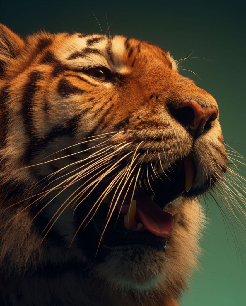 A tiger head filling the frame with the jaws open and whiskers swept back, stripes running off both edges of the crop