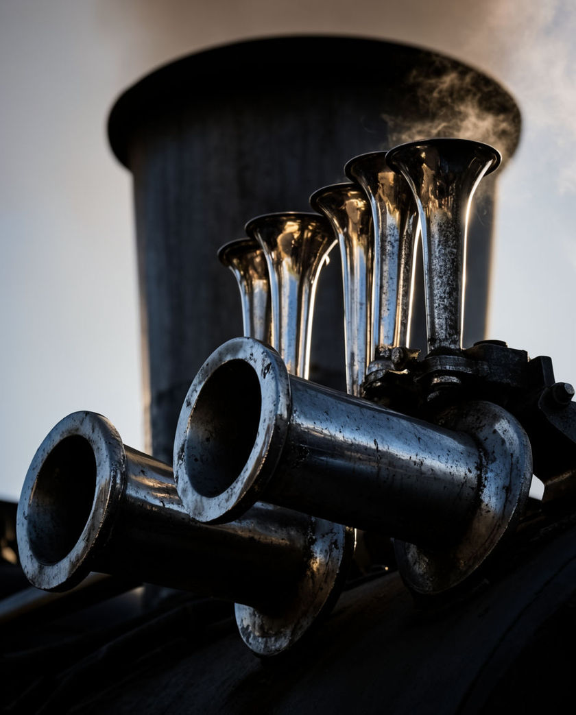 A cluster of weathered chrome horn bells on the roof of a locomotive, low sun raking across the metal and the rest of the engine in shadow