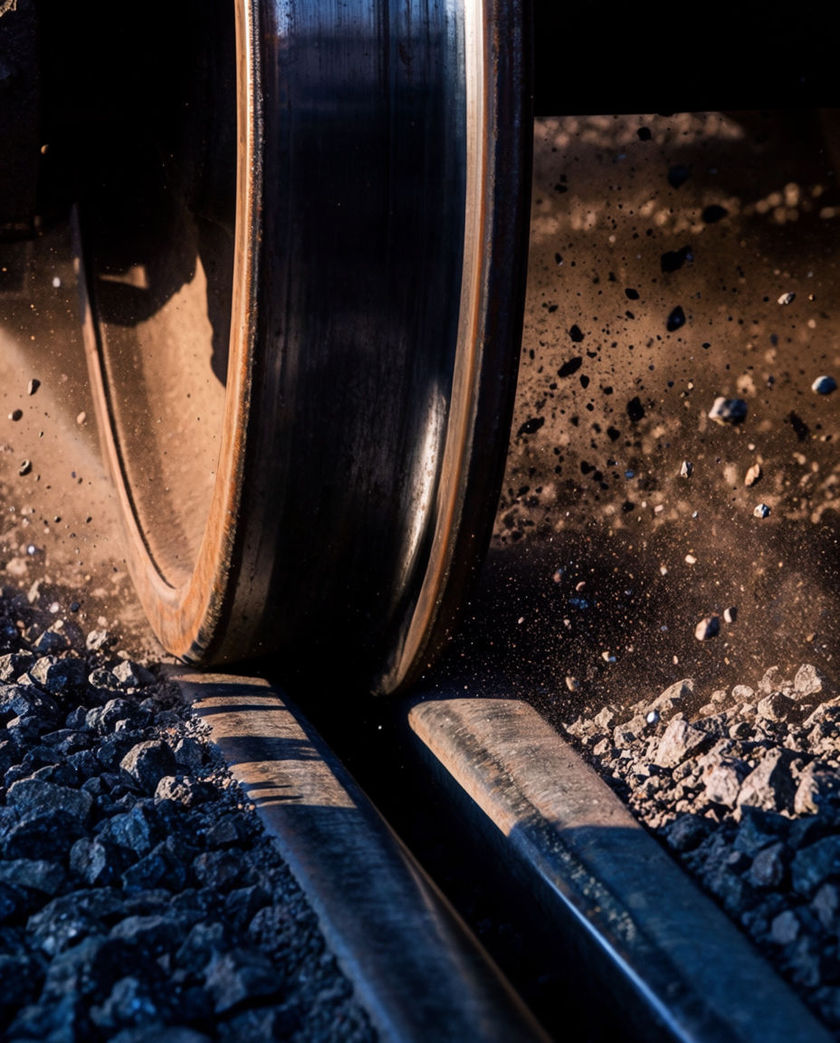 A steel wheel and rail joint filling the frame at close range, polished tread catching hard light, grit thrown up around it